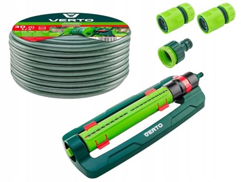 VERTO Gartenschlauch 1/2 Zoll - 30 m + Oszillierender Sprinkler + 3 Stück Anschluss Kit | Gartenbewässerung Komplettes Starterset - Grün Schlauch ist UV-beständig, Max 20 Bar, -5°C bis +30°C
