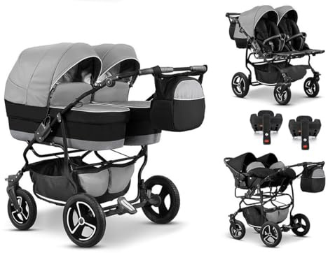 Zwillingskinderwagen 5 in 1 Twin Star inkl. Autositze und Iso Bases - 14 Teile - in 16 Farben