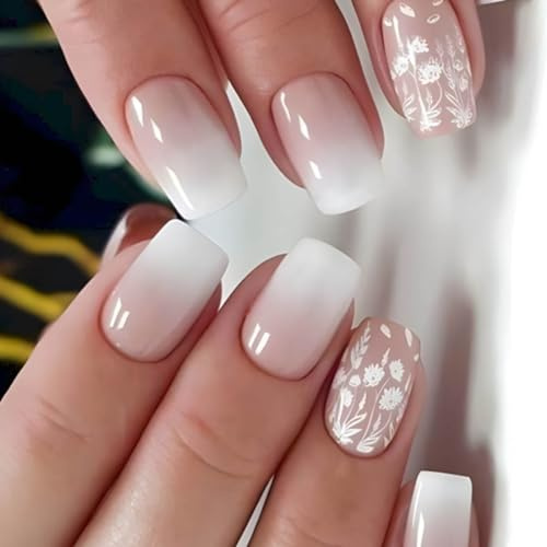 Danshinbow 24pcs court carré fleur faux ongles strass dégradé nu Rose paillettes faux ongles femmes et les filles (Couleur rose2)