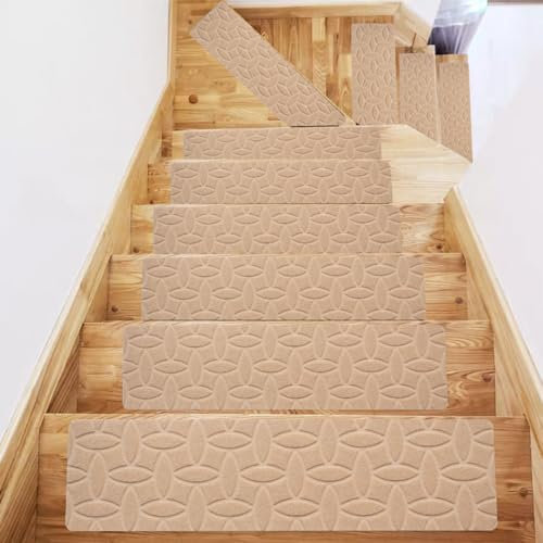 KYMMPL Tappetini antiscivolo per scale in legno, 76 x 20 cm, autoadesivi, per interni, con forte adesione, tappetini per scale per bambini (beige, 10 pezzi)
