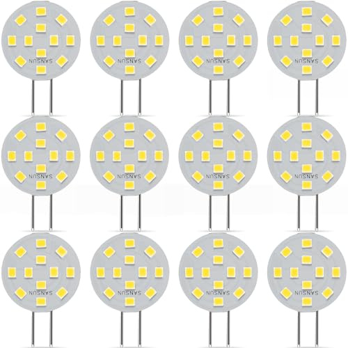 SANSUN Lot de 12 ampoules LED G4 2 W équivalent halogène 20 W G4/GU4/GZ4 à double broche AC/DC12 V 5000 K grand angle 120 ° non réglable (blanc froid)
