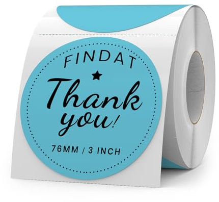 FINDAT Blau Thermo-Etiketten Rund 76 mm Drucker Aufkleber 500 Stück | Für DIY, Name, Büro, Schule, Logo, QR-Code & Umzug. Selbstklebend, Vinyl, wasserdicht, beschreibbar, Rolle