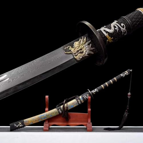 110cm Handgefertigtes Chinesisches Schwert,Gemusterte Stahl Klinge mit handgebrannten Wellenlinien,Tsuba und Saya aus Kupfer,LangemGriff Katana für Dekor,Geschenke,Sammeln,Ausstellen,Cosplay,Halloween