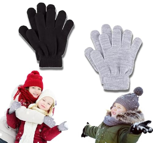 HXLJHALG 2 Pairs Kids Gloves for Kids Age 6-12 Years, Winter Warm Magic Gloves Stretchy Warm Knit for Boys and Girls (Black Grey)