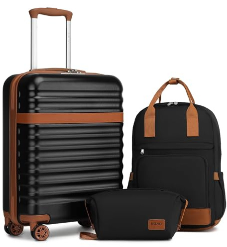 KONO Set di valigie Valigia bagaglio a mano ABS+PC Hardshell Travel Trolley con serratura TSA e 4 ruote Spinner, Nero/Marrone, 20 Inch Luggage Set, Valigia da viaggio leggera con guscio rigido