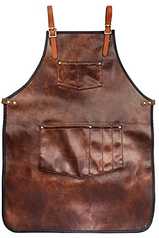 Tablier de chef pour homme et femme - Tablier en cuir imperméable avec poches et bretelles croisées dans le dos pour cuisine, barbecue, barbier, barista, travail manuel, marron, TO