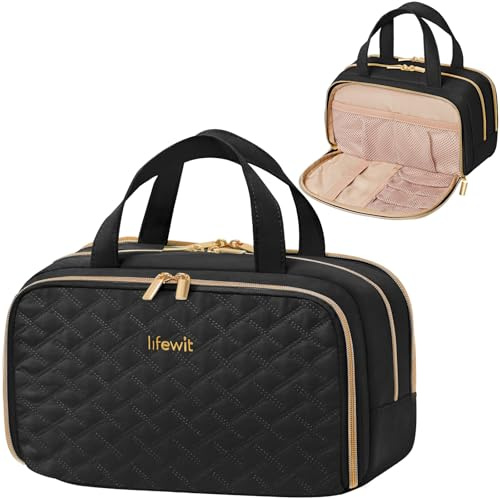 Lifewit 5L Kulturtasche Damen, Kosmetiktasche mit Nassfach, Schwarz | Wasserabweisender Kulturbeutel und Waschtasche mit mehreren Fächern für Make-up, Shampoo und Toilettenartikel auf Reisen