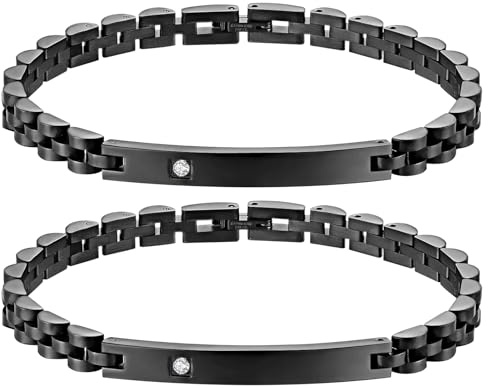 JewelryWe Paar Armband Edelstahl Gliederarmband: Schwarz Hochglanz Poliert Glieder Link Armkette Armreif mit Zirkonia Plättchen Partnerarmband Freundschaftsarmband Valentinstag Pärchen Geschenk