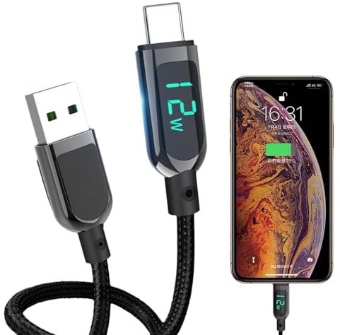 Línea de cargador tipo C, cable de carga de pantalla digital para cargador USB tipo C | Cable de carga rápida tipo C de 5 A para teléfono, cámara, portátil, con transmisión