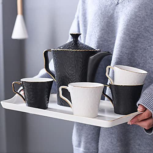 ZXLPHAZ Porcelain Tea Sets, Coffee Cups and Saucer Service for 4, Modern Simple Tea Sets with Black Teapot, Tea Cups,B (B)