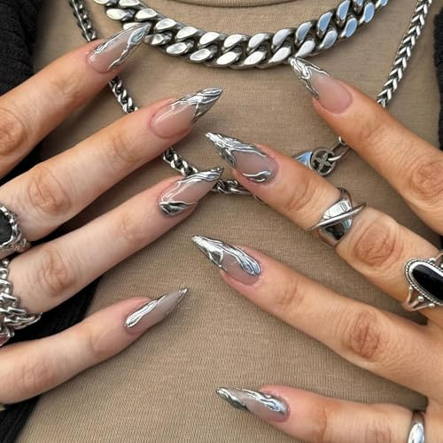 French Tip False Nails - 24pcs Silver Swirl False Nails - Medium Almond 3D Press on Nails - 12 Sizes Gothic Fake Nails with Glue - Full Cover Irregular Pattern Design Stick on Nails for Women Girls