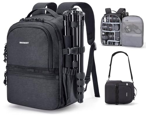 bagsmart kameraryggsäck, DSLR SLR liten kameraväska för fotografering, axelrem 2-i-1 reseryggsäck lämplig för 12,9 tum iPad, för Sony, Canon, Nikon, svart