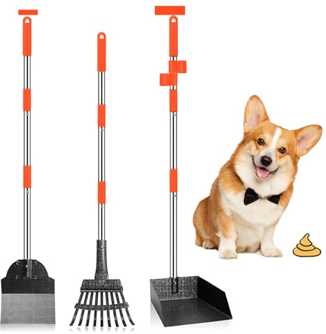 Furggis 3 Pack Metal Pet Poop Scoop,Tray and Rake,Adjustable Long Handle with Bin for Pet Waste Removal,No Bending Poop Scooper Perfect for Large Medium Small Dogs