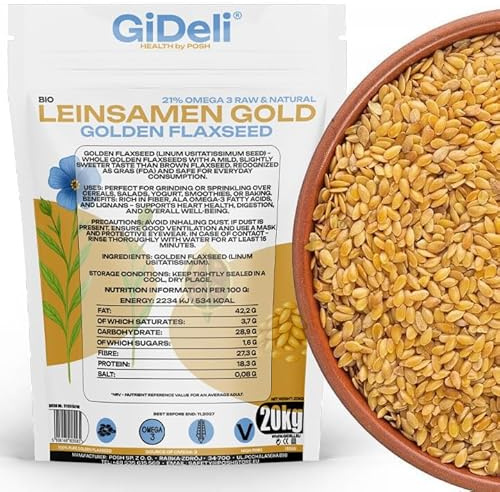 GiDeli Leinsamen Gold 20 kg - Ganze Goldleinsamen zum Backen und Müsli | goldgelbe Leinsaat, eine einzige Zutat, mildes nussiges Aroma, vier verschlossene Standbeutel, kühle dunkle Lagerung