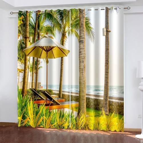 AMDXD Yellow Green Brown Blackout Curtains, Sea Shore, Beach, Deck Chair, Coconut Tree Landscape Curtains, Thermal Curtain, Opaque Living Room Curtains, W 107 x H 183 cm / Pieces (Pack of 2)