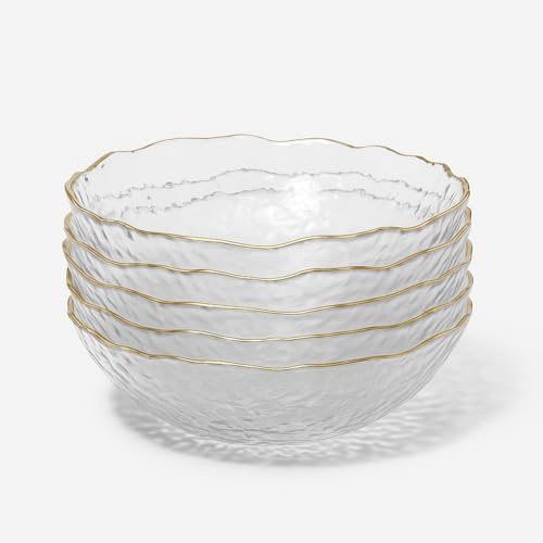 Small Hammered Glass Bowl with Gold Rim 5.5(14cm) Clear Crystal Dessert Bowl, Textured Ice-Pattern Serving Bowl for Snacks, Fruits, Ice Cream & Salads – Irregular Edge Transparent Gold-Trim Tableware