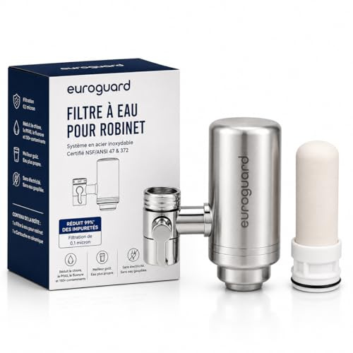 euroguard Wasserfilter für Küchenarmatur – Wasserreiniger aus Edelstahl 304, Keramikkartusche + Aktivkohle – reduziert Chlor, Geschmack und Gerüche – NSF/ANSI 42 & 372 zertifiziert (1 Filter im