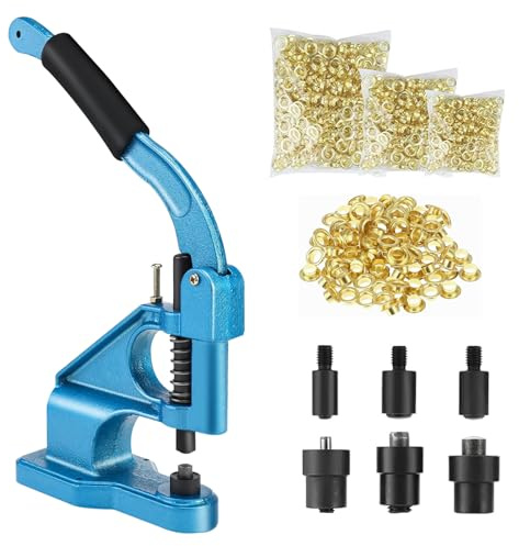 BOOMSTART Maquina de Ojales Metalicos, 6/10/12mm Maquina Prensa Ojales, Máquinas Remachadora Ojetes con Moldes y 1500 Ojal Metalicos Dorado para Lonas Cortinas Telas