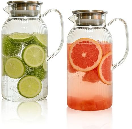 2 Pack 2 Liter BPA Free Transparent Plastic Water Pitcher with Lids Fridge Safe Water Jugs for Iced Tea Juice Sangria Lemonade Milk and Hot Cold Beverages Large Water Carafes for Home and Outdoor Use