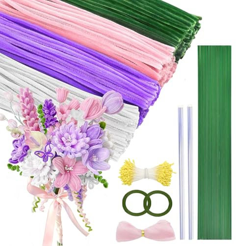 Rofhom Pfeifenreiniger Blumen Set, 400 Stück pfeifenreiniger zum Basteln Blumen Pipe Cleaner für DIY Rosa Tulpe Blumenstrauß Mit Geschenkband, Klebeband, Blumen Staubblatt(Rosa,Lila,Grün,Weiß)