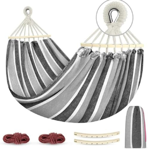 Amaca da esterno in cotone con cinghie per alberi, comoda amaca in tessuto con barra in legno curva da 40 cm, portatile, con borsa da viaggio compatta, perfetta per interni, balcone, giardino, patio