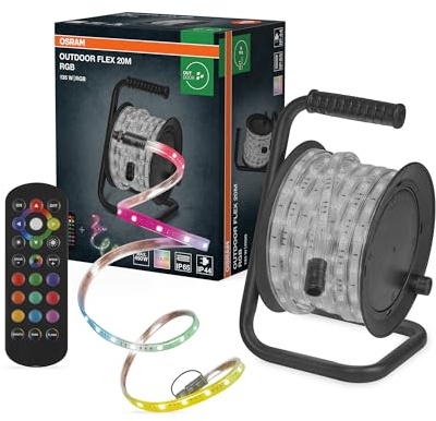 Osram Outdoor Flex RGB LED Streifen 20M IP65, inkl. Fernbedienung, bis 50 m erweiterbar, mit Kabeltrommel, Anschlusskabel, Zubehör