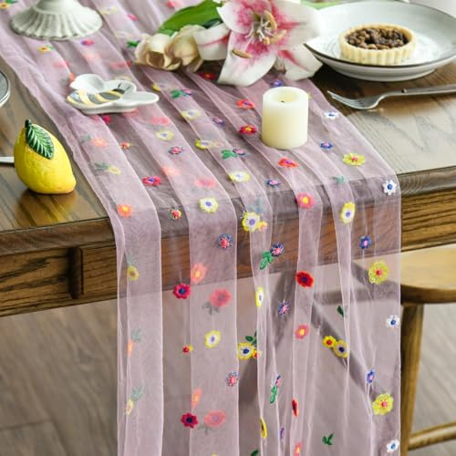 Artoid Mode Rosa Tüll Stickerei Blumen Gaze Frühling Tischläufer 70x300 cm, Valentinstag Küche Tisch Dekoration Drinnen Urlaub Party Dekor