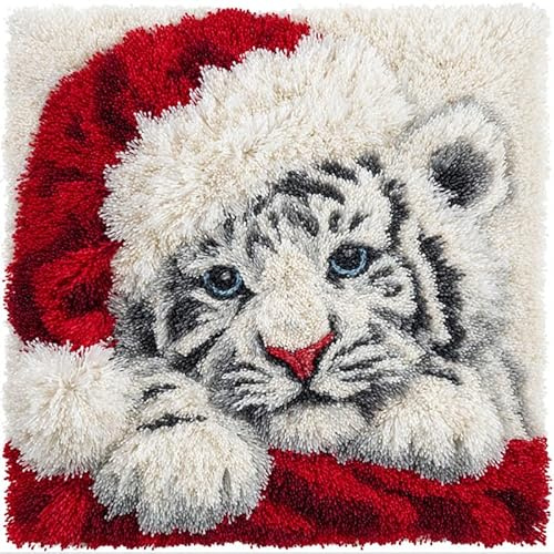 Taxpy 43X43Cm Diy Knüpfkissen Zum Selber Knüpfen Knüpfhaken-Set Weißer Tiger Mit Weihnachtsmütze Süße Tiere，3D-Kissen，Materialien，Paketbezug，Knüpfhaken-Set，Kissen-Stickset，Bastel- Und Heimdekorati