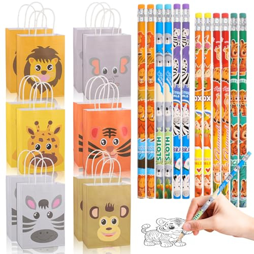 Ezydka Lot de 24 sacs cadeaux décoratifs animaux, sacs cadeaux crayons kit | Animaux sacs cadeaux crayons kit avec 12 sacs cadeaux - 12 crayons animaux pour fête d'enfant, anniversaire, Noël