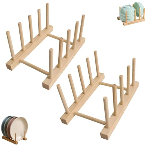 Zpeiran 2 Stück Tellerständer aus Holz,Abtropfgestell Aufbewahrungsregal für Geschirr Plate Holder mit 4 Steckplätzen für Teller, Tassen, Topfdeckel, Schneidebretter Weingläser