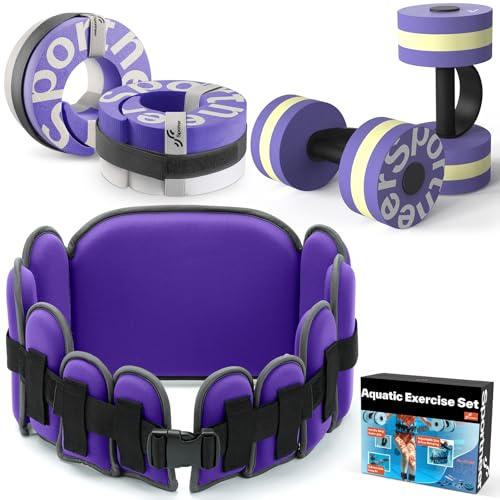 Sportneer 3-in-1 Wassergymnastik Zubehör Set: Aquafitness Zubehör Pool-Trainingsgeräte Set enthält einem Paar hochdichter Wasserhanteln, einem Aquagürtel und 2 Wassermanschetten, Lila