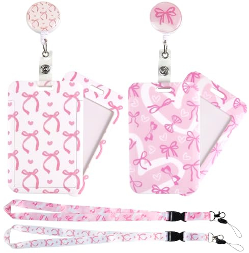 2 Stuck Modische Sliding AusweishüLle Schleifenmuster Kunststoff AusweishüLle Mit Band Abnehmbares Lanyard Mit Einziehbarem Clip für Schüler Lehrer Krankenschwester Bankkarte Schlüssel Buskarte