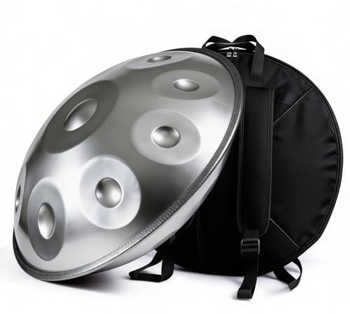 Handpan Drum aus Stahl D Moll 22 Zoll Handpan Trommel mit 9 10 12 Tönen 432Hz 440Hz für Meditation Yoga Entspannung Erwachsene Musiktherapie Klangheilung Instrument(Silver,440HZ/10 Note)