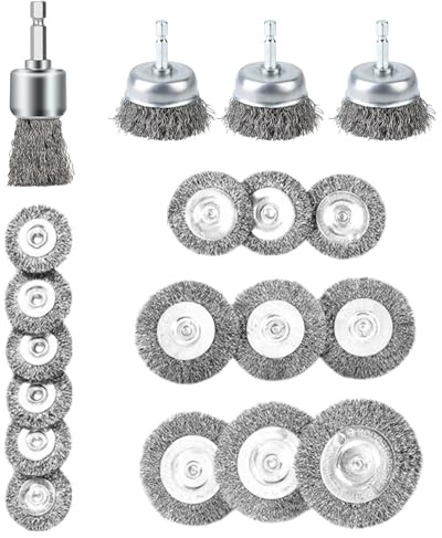 Lot de 19 brosses métalliques pour perceuse et embouts robustes pour tige hexagonale de 1/4
