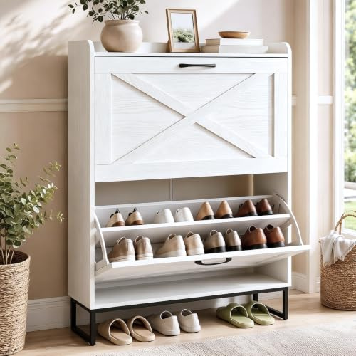 Hawthyhome Schuhschrank schmal 2 Fächer, Schuhkipper für 12-16 Paar Schuhe, Platzsparender Schuhschrank Holz mit Metallbeinen & Kippschutz, Flur & Eingangsbereich, 80x24x100 cm, Weiß