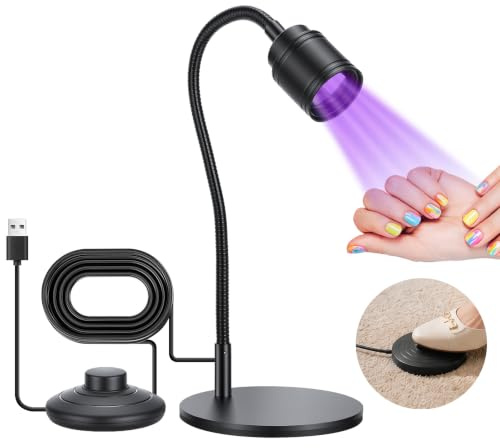 AiQInu Lampada UV per Unghie, Lampada LED Manicure Mini Nera, Portatile con Collo Flessibile a Cigno & Interruttore a Pedale, 3M Cavo, USB
