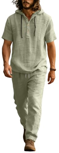 Completo di Lino Uomo Moda Tennis Tuta Estiva Felpa Maniche Corte e Pantaloni Coordinato Uomo