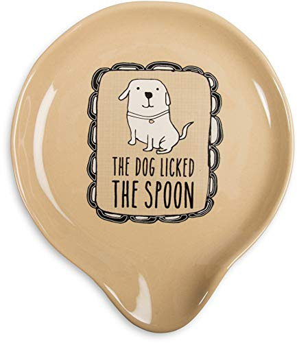 Pavilion Gift Company It's Cats & Dogs-The Dog Licked The Spoon Tan Ceramic Spoon Rest, Small, Beige