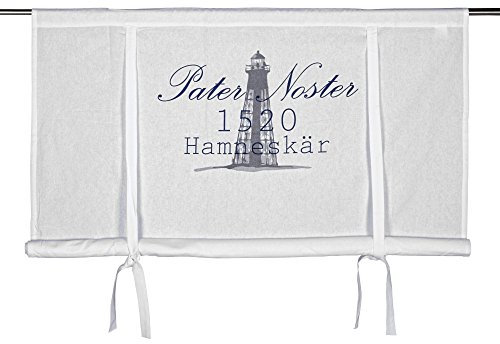 Scheibengardine Raff Gardine Raffrollo Vorhang 'Pater Noster' 140 x 120 cm (BxH) weiß mit Stempel Aufdruck in grau dunkelblau Baumwolle Nordisch Landhaus Shabby French Vintage Retro Antik Nostalgie