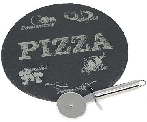 com-four® 2-teiliges Pizza-Servierset - Schieferplatte mit Pizzarad - Servierteller aus Schiefer für Pizza Ø 30 cm - Teigschneider mit Handgriff und Fingerschutz | Servierteller aus Schiefer für Pizza Ø 30 cm - Teigschneider mit Handgriff und Fingerschutz
