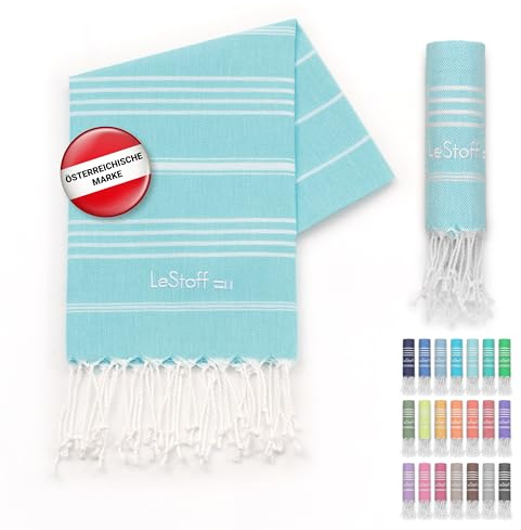 LeStoff Hamamtuch Gästehandtuch, Bio-Baumwolle, 50x100 cm, Helles Aquablau | Handtuch für Bad, Gesicht, Sport, Reise, Camping – vorgewaschen, nachhaltig, leicht, kompakt, saugstark und schnelltrocknend
