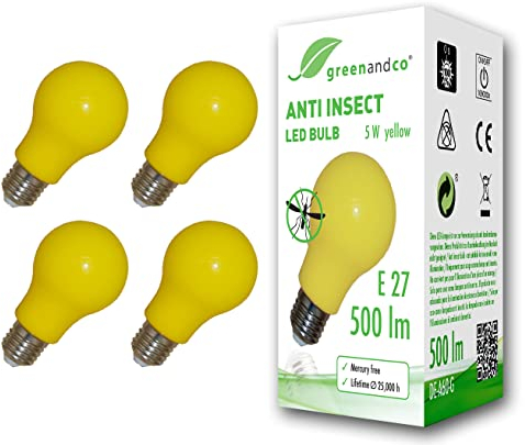 greenandco 4x lampadina anti insetti, anti zanzare E27, gialla, 5W, 500lm, lunghezza d'onda 560-580nm, non dimmerabile