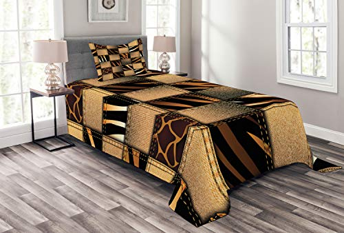ABAKUHAUS Safari Tagesdecke Set, Jeans-Denim-Patchwork, Set mit Kissenbezügen Waschbar, für Einselbetten 170 x 220 cm, Braun Schwarz