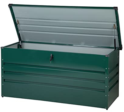 Beliani Große Metall-Gartentruhe 400 l dunkelgrün Kissenbox Auflagenbox für die Terrasse wasserdicht Aufbewahrungsbox Gartenbox Cebrosa