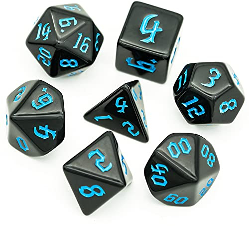 Pen and Paper Würfel Set - 7-teiliges, Midnight Edition, polyedrische Rollenspiel-Würfel, für Dungeons and Dragons (D&D), Das Schwarze Auge (DSA), Aborea, Splittermond, Shadowrun (blau)