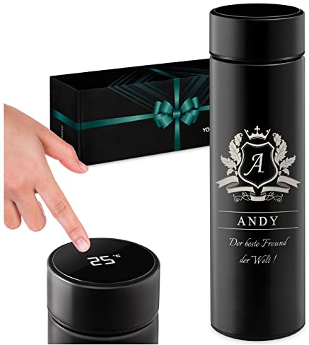 Maverton Thermobecher Kaffeebecher 450 ml - Isolierbecher personalisiert - 100% dicht - Led Temperatur Anzeige - aus Edelstahl - Geschenk für Männer - Weihnachtsgeschenke - schwarz - Wappen