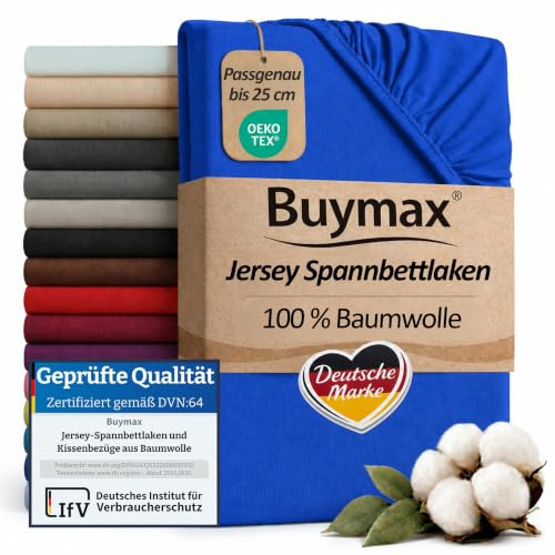 Buymax Spannbettlaken 140x200cm Baumwolle 100% Spannbetttuch Bettlaken Jersey, Matratzenhöhe bis 25 cm, Farbe Dunkelblau