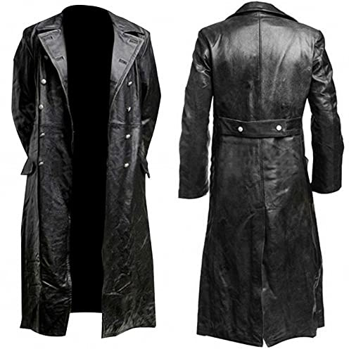 tuduoms Mens Vintage Classic WW2 Officer Military Uniform Black Leather Trench Coat Jacket Long Trench Coat Motorcycle Jakcet