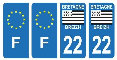 HADEXIA Set of 4 Self-Adhesive Number Plate Registration Stickers Department 22 Côtes d'Armor Region Brittany, Breizh Symbol & F France Europe
