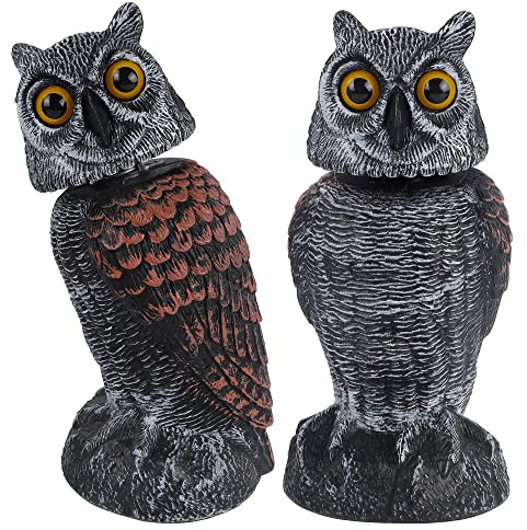 Hausse 2 Pack Fake Owl Decoys to Scare Birds Away, Rotating Head Plastic Owl Bird Deterrents, 10.6 Inch Height Bird Scarecrow Nature Enemy Horned Pest Repellent for Outdoor Garden Yard